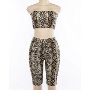 Brown Python Snakeskin Print Matching Bandeau Top & Biker Shorts Set | Size S